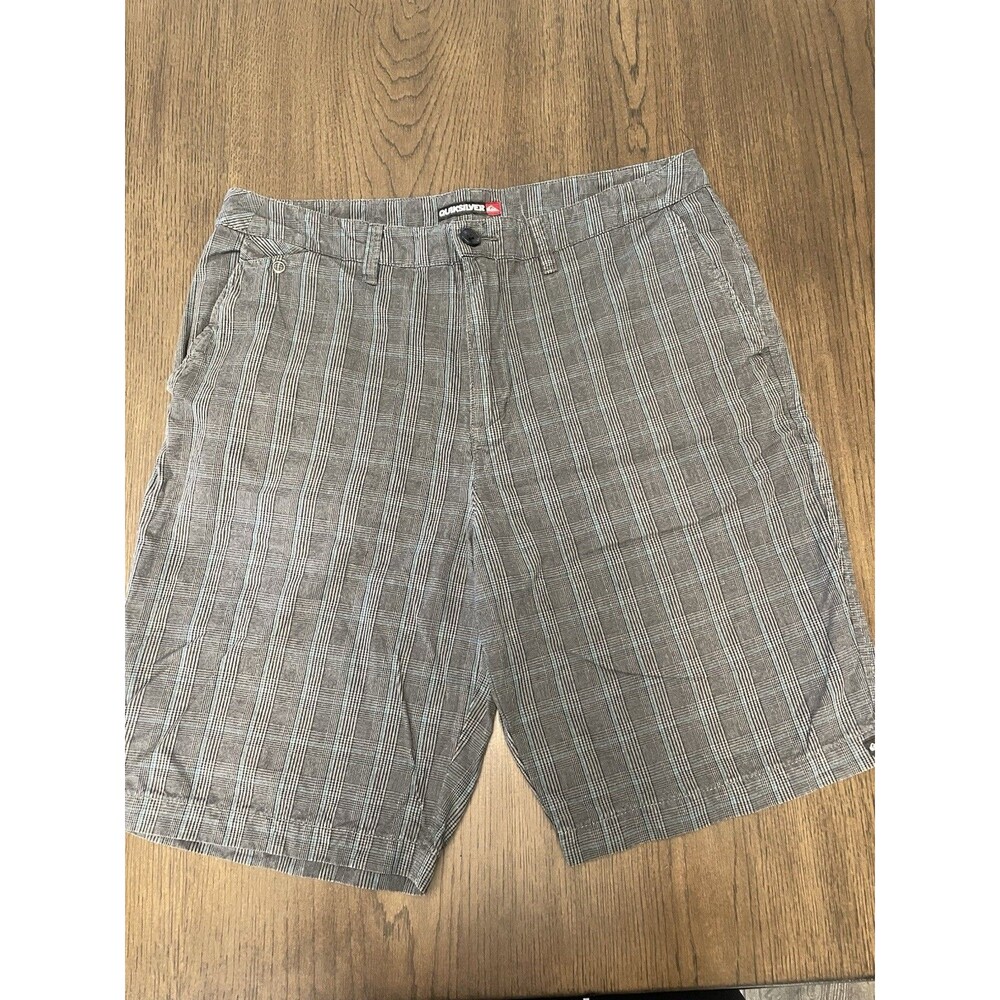 Quiksilver Plaid Chino Shorts Gray Blue Cotton Button Pockets Men's Casual